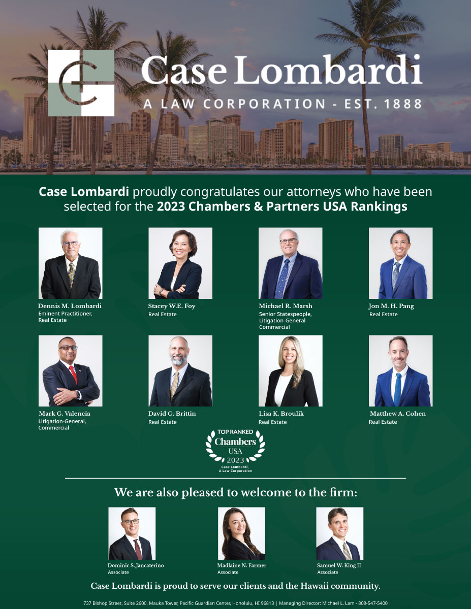 image of full-page ad for case lombardi, a law corporation used in pacific business news.